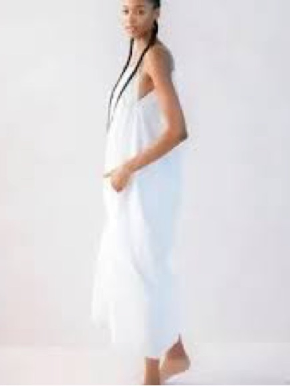 Mersea Patio Dress White Cotton Maxi Spaghetti Strap Pockets One Size OS - Picture 3 of 7